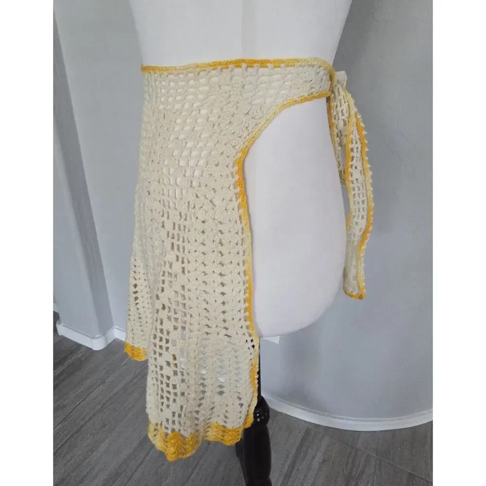 Vintage Hand Crocheted White And Yellow Half Apron Diner Hostess